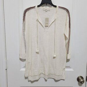 Loft Petite Women's XSP Ivory Embroidered Tassled 3/4 Sleeve Tunic Sweater